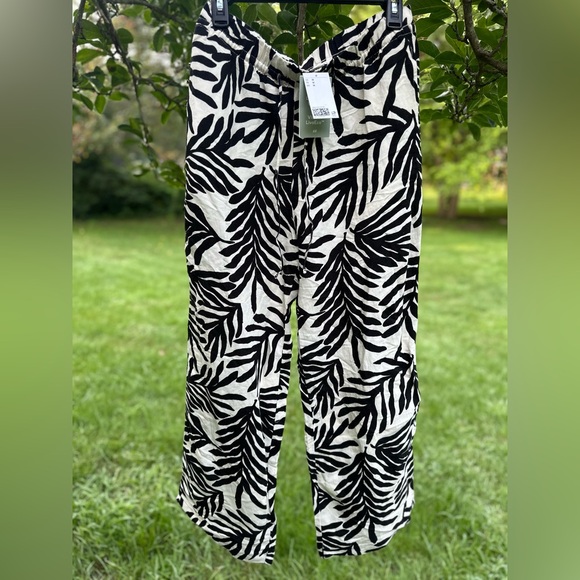 H&M Women's | LINEN-BLEND PULL-ON‎ PANTS | BLACK & WHITE | SZ M - Picture 1 of 6